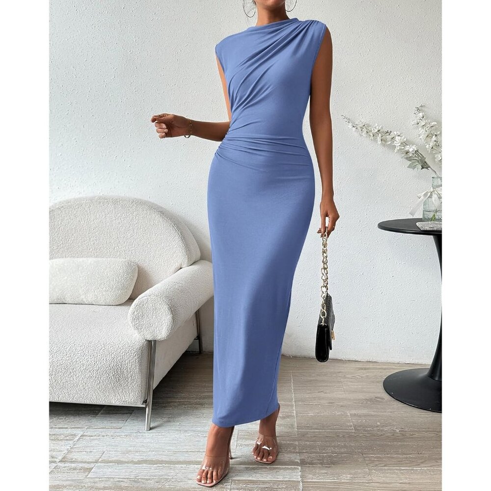 Women's Blue Ruched Bodycon Summer Casual Sleeveless Slit Elegant Maxi - Picture 3 of 6